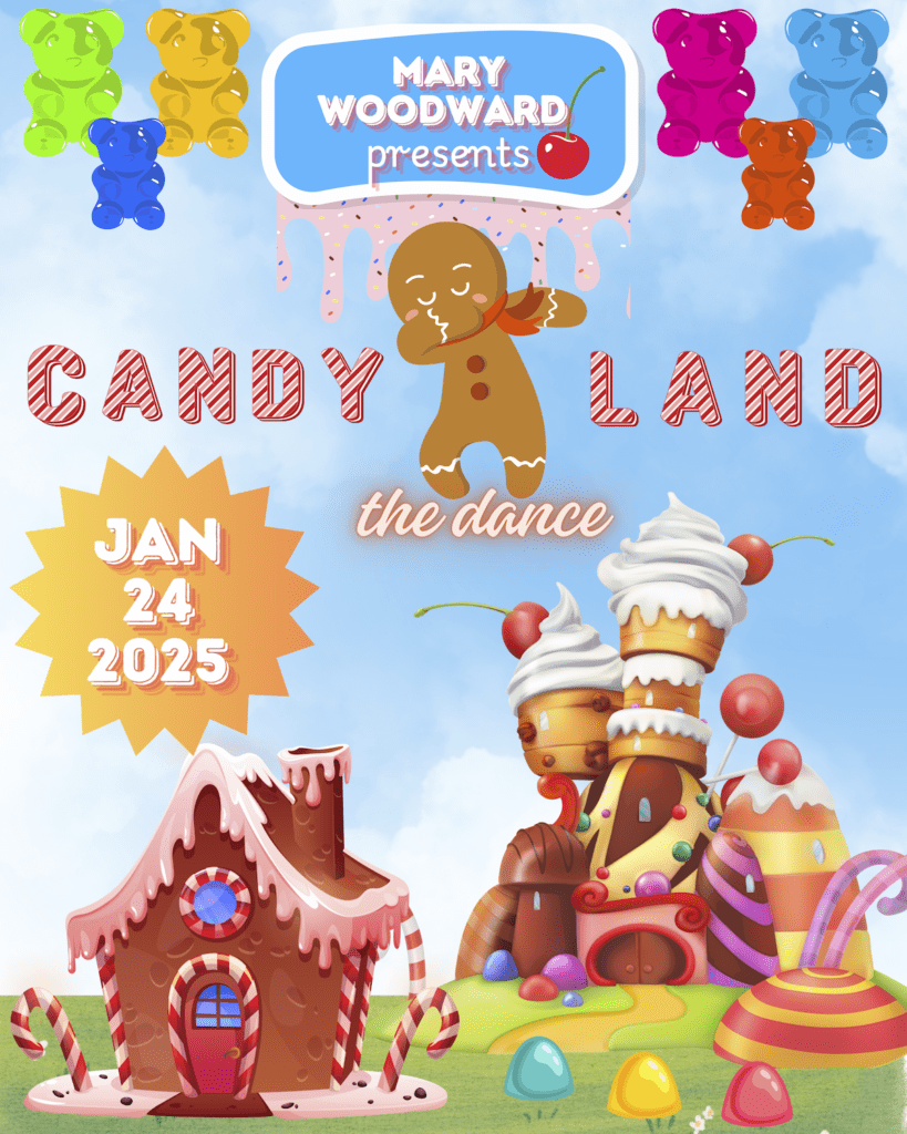 Candy houses and a dancing gingerbread man, with text that says Mary Woodward Presents Candyland the Dance